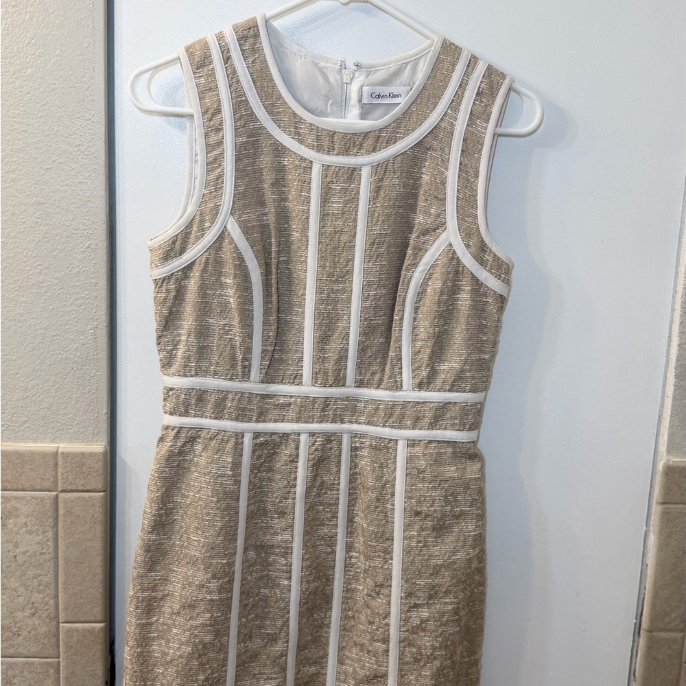Calvin Klein Neutral Beige Sheath Dress with White Piping